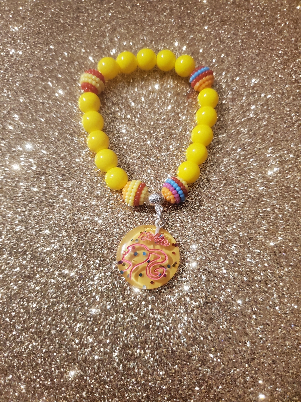 Barbie Bright Yellow Beaded Kids Barbie Charm Bracelet with Multicolor Accents